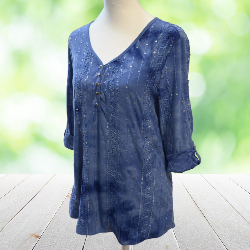 SAMI & JO Top Sequin Embroidered Boho Roll Tab Sleeve Blue Womens M